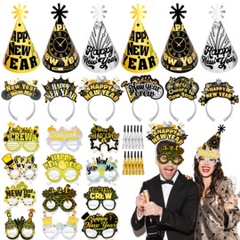 HOWAF New Year Eve Party Supplies 2025, 36pcs Happy New Years Party Headband Cone Hats Glitter Paper Eyeglasses Noise Makers Black Gold New Years Decorations 2025 for NYE Favor Accessories