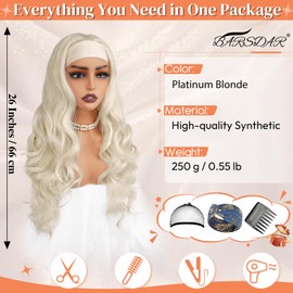 BARSDAR Platinum Blonde Wavy Headband Wig, 66 cm Long Loose Wavy Synthetic Headband Wig for Women - Glueless Lightweight Natural Look Easy to Wear Forehead Band Wigs