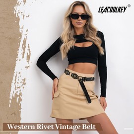 LEACOOLKEY Western Concho Rivet Belt for Women Vintage Leather Belt Western Waist Belt for Skirts Jeans