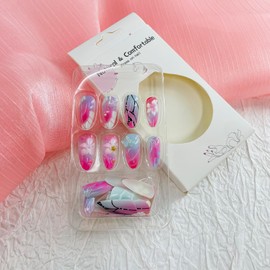 Almond Press on Nails Medium Fake Nails with Designs Flower Stick on Nails Gradient False Nails Black Lines Acrylic Nails Glossy Artificial Nails Full Cover Glue on Nails for Women 24Pcs