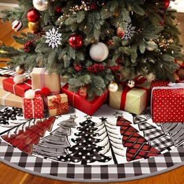 Gearock 48 Inch Christmas Tree Skirt, Watercolor Black and White Buffalo Plaid Snowflakes Xmas Tree Skirt for 6-7.5 Ft Christmas Tree Holiday Party Indoor Outdoor Decoration