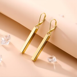 Sterling Silver Dangle Earrings for Women 14K Gold Plated Minimal Long Vertical Bar Gold Dangle Drop Earrings for women Trendy Hypoallergenic Leverback Earings, Brass Silver Yellow Gold, No Gemstone