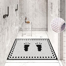 Non-Slip Shower Mat, Soft Comfort Safety Bath Mat with Drainage Holes, PVC Loofah Massage Shower Mats for Wet Areas, Quick Drying (Black White Grid, 40 x 60 cm)