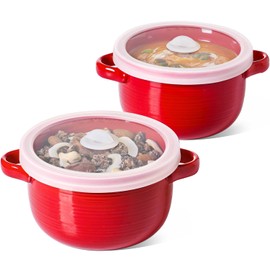 LE TAUCI Soup Bowls with Handles and Silicone Lids, 28 oz Ceramic Ramen Bowl Microwavable, Oven Safe French Onion Soup Bowls for Noodles and Cereal, Lead & Cadmium Free Soup Crocks, Set of 2, Red