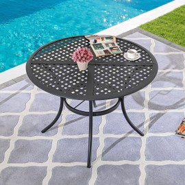 LOKATSE Home 42.1" Outdoor Patio Round Dining Table with Umbrella Hole, Steel Frame for Backyard Lawn Balcony Deck