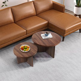 QuicMiou Round Nesting Coffee Tables Set of 2, Modern Stacking Table with Wood Grain Finish, End Table Side Tables for Living Room (Walnut)