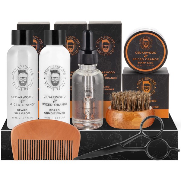 BRUBAKER 7-Pcs Beard Growth Kit - Gift Set with 2.0 FL. OZ. 60 ML Beard Shampoo, 2.0 FL. OZ. 60 ML Conditioner, Oil, Balm, Beard Brush, Beard Comb, Trimmer - Men' s Gifts for Your Loved One or Dad