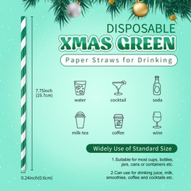 PakTalk [100 Pack] Green Straws, Disposable Christmas Green Paper Straws Green and White Striped Straws for Cocktails, Milkshake, St.Patric and Christmas Party (0.24" x 7.75", Christmas Green)