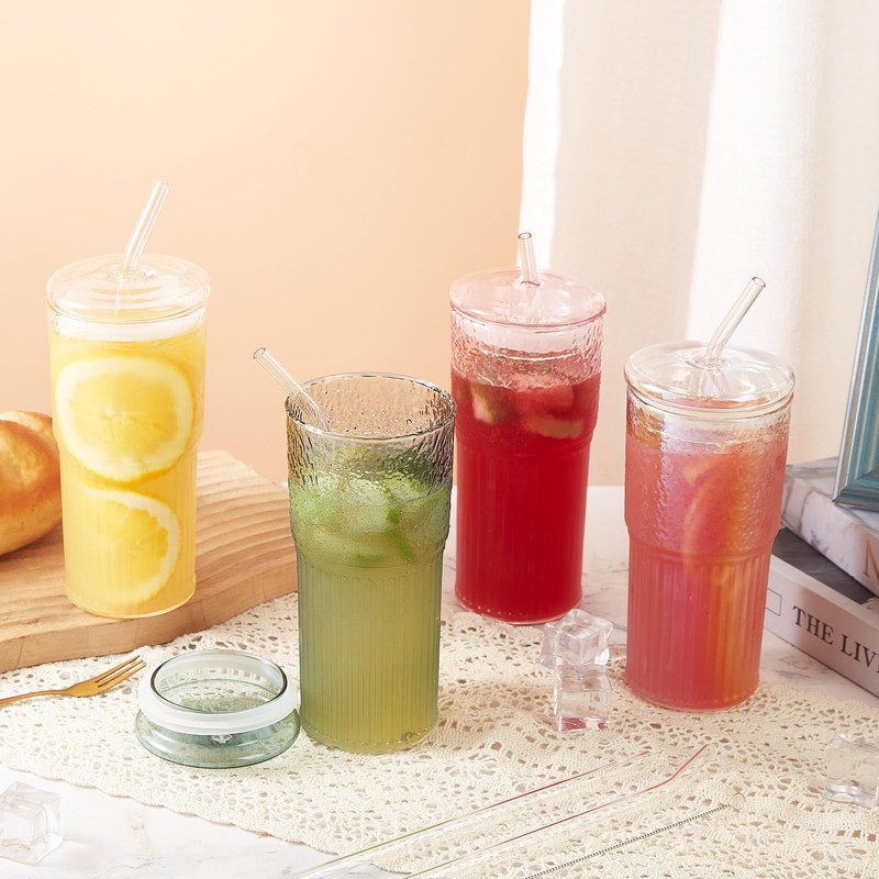 GOSCHE Glass Coffee Cups with Lids and Straws, 20oz Drinking