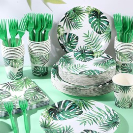 Havawish 120 Pcs Hawaiian Party Decorations Supplies Tropical Palm Leaves Tableware Set for 24 Guests Luau Party Plates Napkins Cups Forks for Summer Safari Jungle Birthday Party Decorations