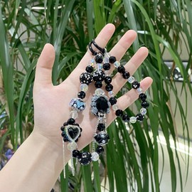 XODITO Phone Charms with Black Cystal Beads, Double Detachable Cellphone Lanyard, Diamond Mobile Phone Chain for Keys, Shoulder Bags, Curtain