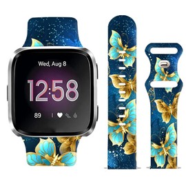 WLPFSAHF Watch Bands Compatible for Versa 2/ Versa/Versa Lite Bands for Women Men, Soft Silicone Cute Fadeless Sport Strap Replacement for Versa SE Lite,Blue Gold Butterfly