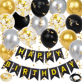 Happy Birthday Banner, Black Gold Birthday Decoration, 16 Pcs 12in Happy Birthday Balloons with 2 Ribbons for Men Women Girls and Boys Birthday Party Decoration