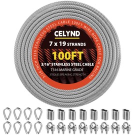CELYND Stainless Steel Cable for Railing - 100FT 3/16" T316 Wire Rope - 7 x 19 Strands 3700 LBS Breaking Strength with Clamps Thimbles and Crimping Sleeves for Outdoor Deck Railing DIY Projects