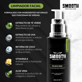 SMOOTH Limpiador Suave Hombres Limpieza Profunda Sin irritar, Elimina Impurezas, Toxinas, Puntos Negros y Exceso de Grasa Extracto de Té Verde, Aloe Vera, Betaína de Coco y Vitamina E Piel suave Fresca y Saludable 80ml Uso Día y Noche