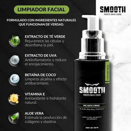 SMOOTH Limpiador Suave Hombres Limpieza Profunda Sin irritar, Elimina Impurezas, Toxinas, Puntos Negros y Exceso de Grasa Extracto de Té Verde, Aloe Vera, Betaína de Coco y Vitamina E Piel suave Fresca y Saludable 80ml Uso Día y Noche