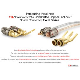 Nakamichi FanLock Excel Series 24k Gold Plated Spade Connector Banana Plug 10 AWG - 18 AWG Gauge Size 4mm for Speakers Amplifier Hi-Fi Home Theatre Wire Cable Quick Connector, 8 Pcs (4-Pairs)