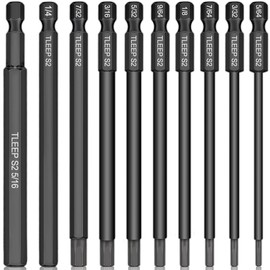 TLEEP 10 x Long 100MM 1/4 Inch Hex Head Allen Wrench Drill Bits, 5/16” to 5/64”, SAE, Magnetic Tips Screwdriver Socket Bit Set for Ikea Type Furniture (S2 Steel 5/16 inch to 5/64 inch)