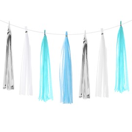 PATIKIL Tassel Garland Banner, 20Pcs Tissue Paper Tassels Party Decorations DIY Kits for Wedding Birthday Bridal Shower, White/Sky Blue/Light Blue/Grey/Silver