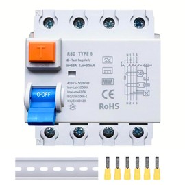FI Circuit Breaker 63 A - 30 mA / 4-Pin / Type B, All-Current Intensive Fault Current Protection, Residual Current Circuit Breaker, Automatic Fuse, DIN Rail for Wall Boxes, Charging Stations
