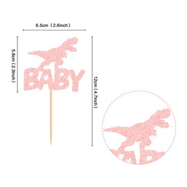 Ercadio - Paquete de 24 adornos de dinosaurios para cupcakes de bebé, diseño de dinosaurio, purpurina rosa, para cupcakes de bebé, diseño de dinosaurio, baby shower, decoración de tartas