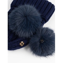 LAUSONS Women's Warm Winter Ribbed Knit Bobble Hat with Navy Faux Fur Double Pom Pom Beanie
