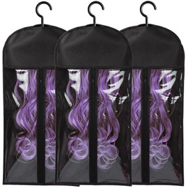 Hair Extension Holder Wig Storage for Multiple Wigs Holder Wigs Bags with Hanger Hair Extension Storage Hanger for Multiple Wigs (3PCS BLACK, 23.6 INCH)