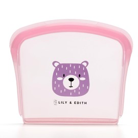 LILY & EDITH Silicone Reusable Snack Sandwich Lunch Food Bag Gift Sets, Leakproof, Airtight, Dishwasher & Microwave & Freezer Safe, Portable,Multipurpose, Adults (Pink Bear, 800ml)