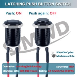 DMWD 5pcs 12mm Latching Push Button Switch Raised Head ON-Off Normally Open with Pre-soldered Cable Aluminium Alloy Shell 12V 24V 36V 110V Waterproof IP66 Without LED (Black)