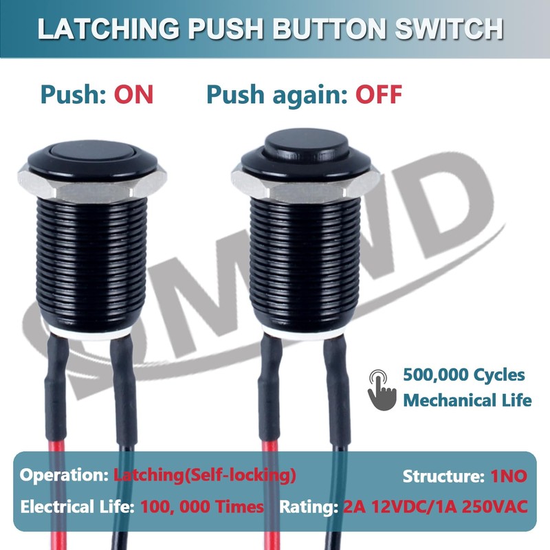 DMWD 5pcs 12mm Latching Push Button Switch Raised Head ON-Off