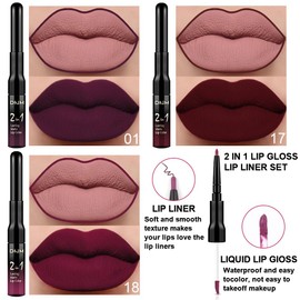 3Pcs 2 in 1 Dark Deep Red Purple Plum Black Cherry Lip Liner and Liquid Lipstick Stain Makeup Set for women, Long Lasting Smudge Proof Lip Tint Matte Finish Lip Gloss for All-Day Color Hold , Set11