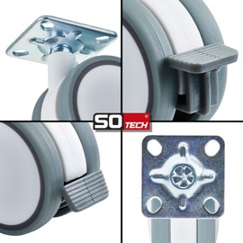 SOTECH Set of 4 Furniture Castors Hamm Diameter 63 mm Height 74.5 mm White / Grey 35 kg Load Capacity Mounting Plate 47 x 47 mm with Brake Swivel Castor 360 Degree Rotatable Including Mounting Screws