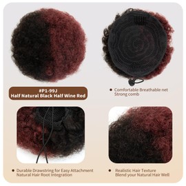 Small Kids Afro Puff Real Human Hair Ponytail for Baby Black Women Short Kinky Curly Ponytail Extensions Drawstring Ponytail Fake Buns African American 4c Half Natural Black Half Wine Red 4 Inch 30g