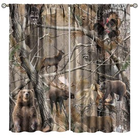 Djaby Camo Hunting Window Curtains, Wildlife Animal Hunting Deer Bear Elk Turkey Tree Window Treatment for Bedroom Living Room 42" W X 63" L