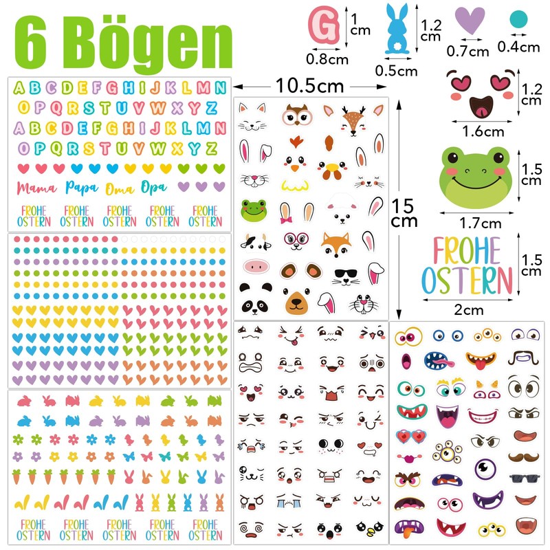 BOOMTOP 6 Sheets Easter Eggs Stickers Tattoos Egg Colours Easter