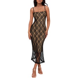 MEROKEETY Women's Summer Bodycon Spaghetti Strap Dress Square Neck Lace Wedding Guest Cocktail Maxi Dresses, Black, Medium