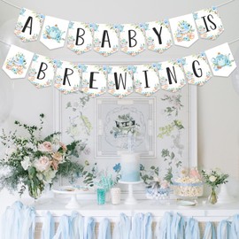 Fangleland Tea Party Baby Shower Banner for Boy - A Baby Is Brewing Tea Theme Blue Floral Banner Decorations, Boy’s Gender Reveal Pregnancy Celebration Hanging Garland Party Supplies