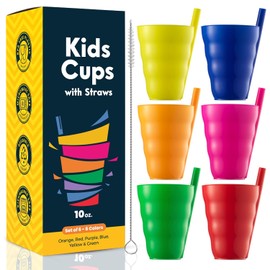 Vasos con Popote para Niños - (Juego de 6) Vasos de 10 oz con Popote Incorporado, Plástico Apilable Libre de BPA para Agua, Jugo o Leche, Apto Lavavajillas, Colores Neón