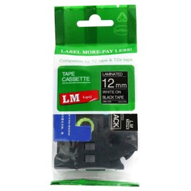 LM Tapes - Brother PT-1180 1/2" (12mm 0.47 Laminated) White on Black Compatible TZe P-Touch Tape for Brother Model PT1180 Label Maker with Free Tape Guide Included