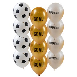 Talking Tables Pack of 12 Football Balloons Decorations for Kids Birthday Party or Adults, Latex and can inflate with Helium, White Gold