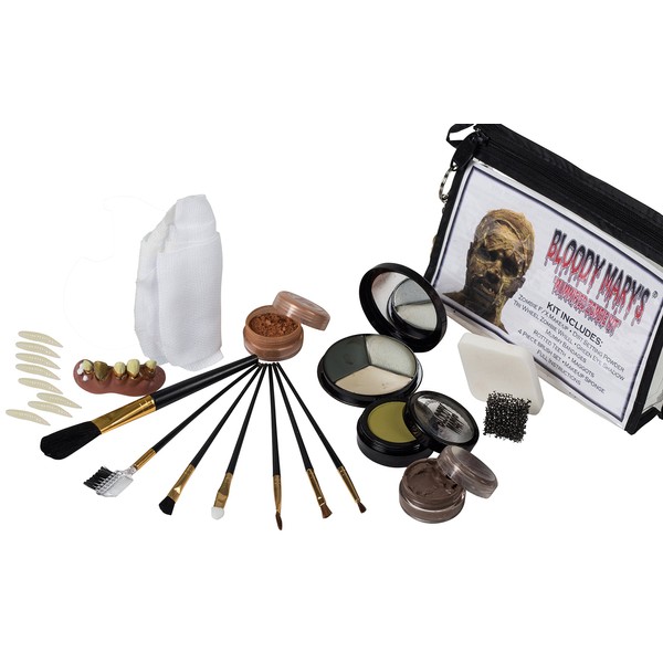 Mummified Zombie Makeup Kit By Bloody Mary - Complete Halloween Special Effects Make Up Supplies Set - Foundation Wheel, Eyeshadow, Bandages, Brushes, Sponge, Rotted Teeth & Maggots - Zippered Case