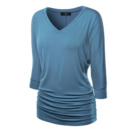 Made By Johnny - playera Dolman drapeada con cuello en V y manga 3/4 para mujer con fruncido lateral, Wt1036_denim, S
