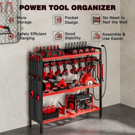 Large Power Tool Organizer Cart with Charging Station 8 Drill Holder Garage Storage Standing Heavy Duty and Stability Storage Rack Utility Tool Shelf (Red)