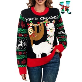 LANPULUX Women's Ugly Christmas Sweater Funny Alpaca Ugly Sweater Novelty Sloth Pullover Sweater for Holiday Parties