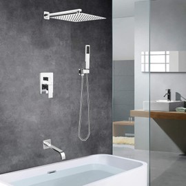 Heable Chrome Shower System Bathroom Shower Faucet Set with Tub Spout Wall Mounted 10 Inch Shower Head and Handle Set with Handheld 3 Function Tub and Shower Trim Kit with Rough-in Valve