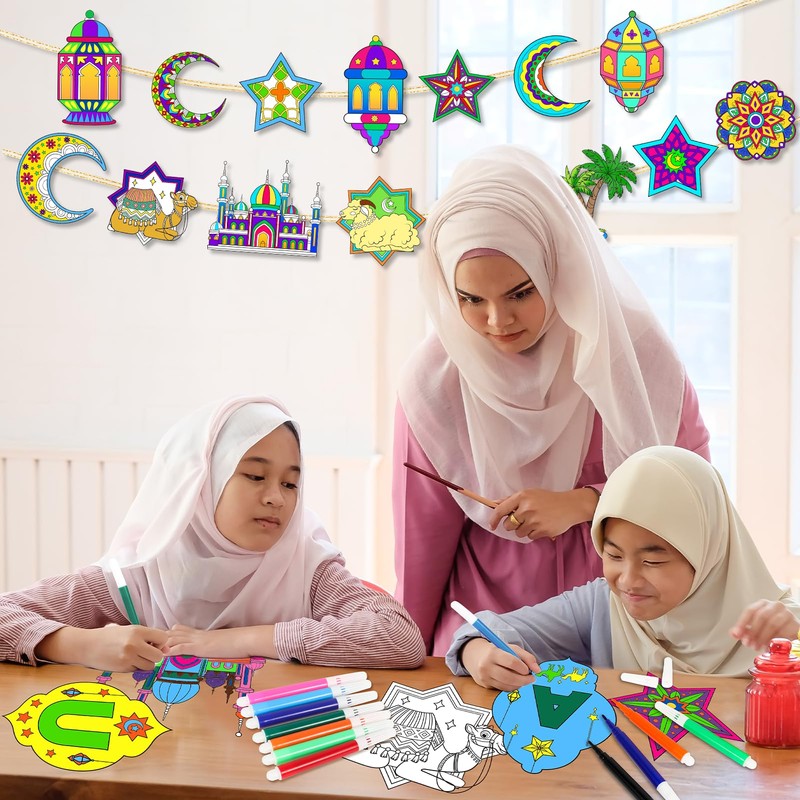 HOWAF 5pcs Eid Mubarak Ramadan Mubarak Coloring Banner with 24