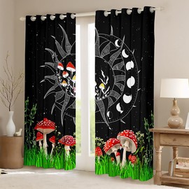 Manfei Mushroom Window Curtains Botanical Floral Print Window Treatments, Black White Sun Moon Window Drapes for Kids Girls Room Decor Grommet Top 2 Panel Set Bedroom Curtains, 38Wx54L inch
