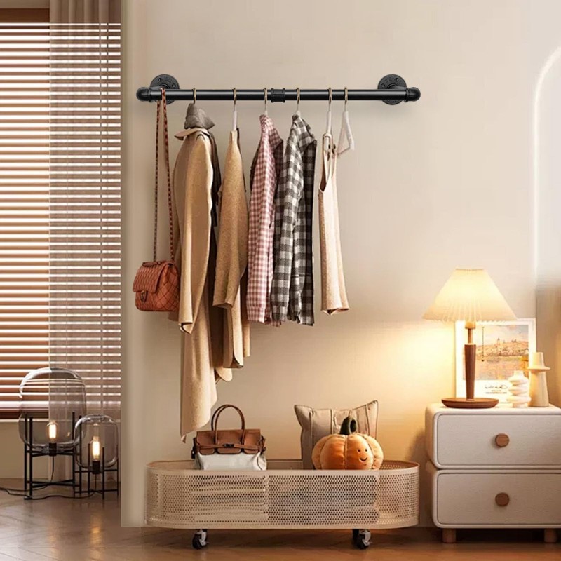 Jeasor Industrial Iron Pipe Clothes Hanging Bar DIY Wall-Mounted Garment