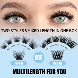 Cluster Lashes GEMERRY Lash Clusters Fluffy Individual Lashes Two Styles Eyelash Clusters Wide Stem Soft Wispy Eyelash Extension Clusters DIY at Home(Forest/Ocean-0.07-D-8-16MIX)
