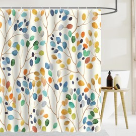 KQDRAVINE Anti-Mould Shower Curtain, 180 x 180 cm, Washable High-Quality Fabric Shower Curtain, Bath Curtain with Eyelets and 12 Rings, Colourful Plant Motif with Eyelets, Shower Curtain, Bathtub